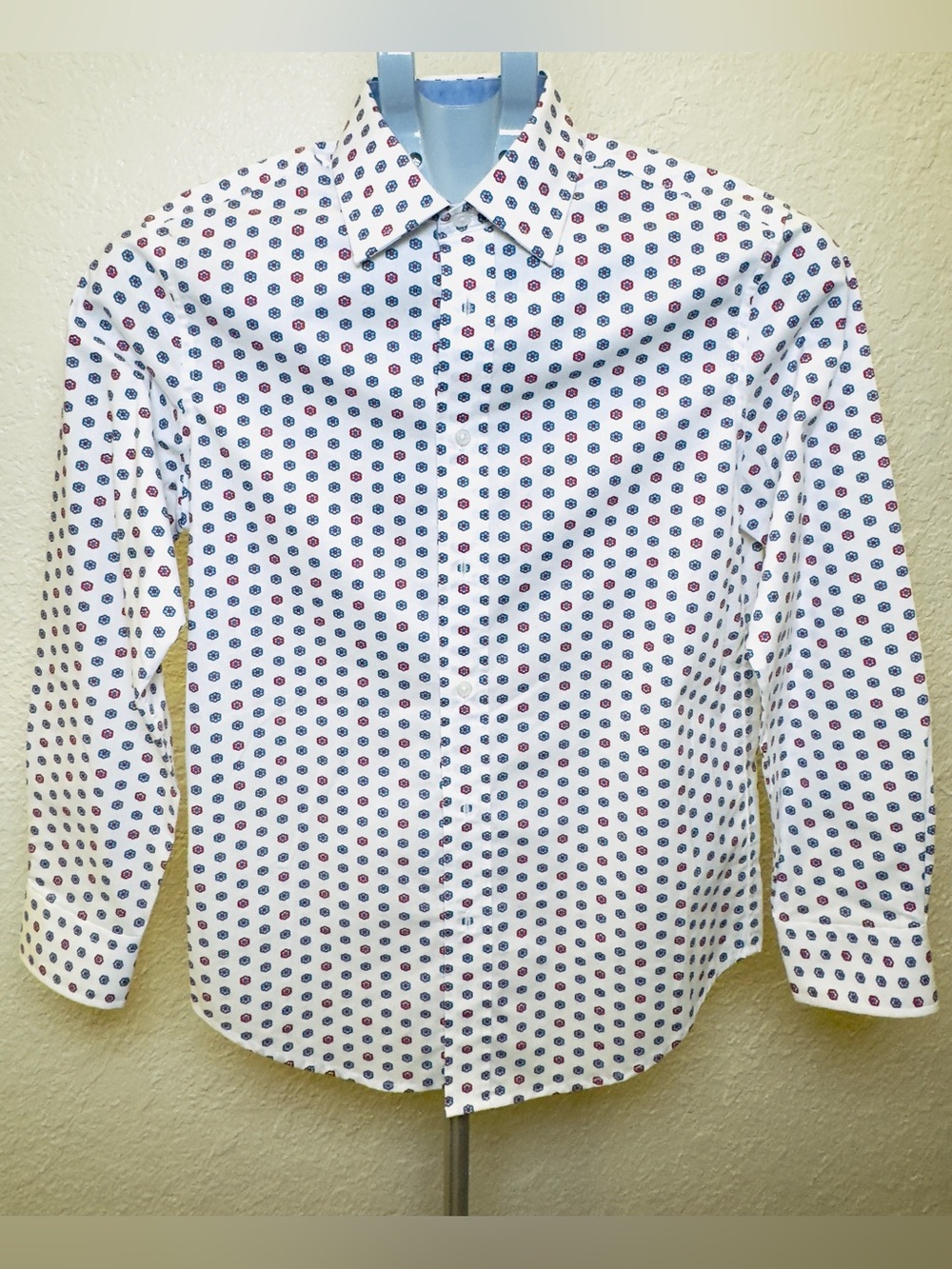 Ben Sherman Boys White Dress Shirt with Blue and Red Honeycomb Dots size 14
